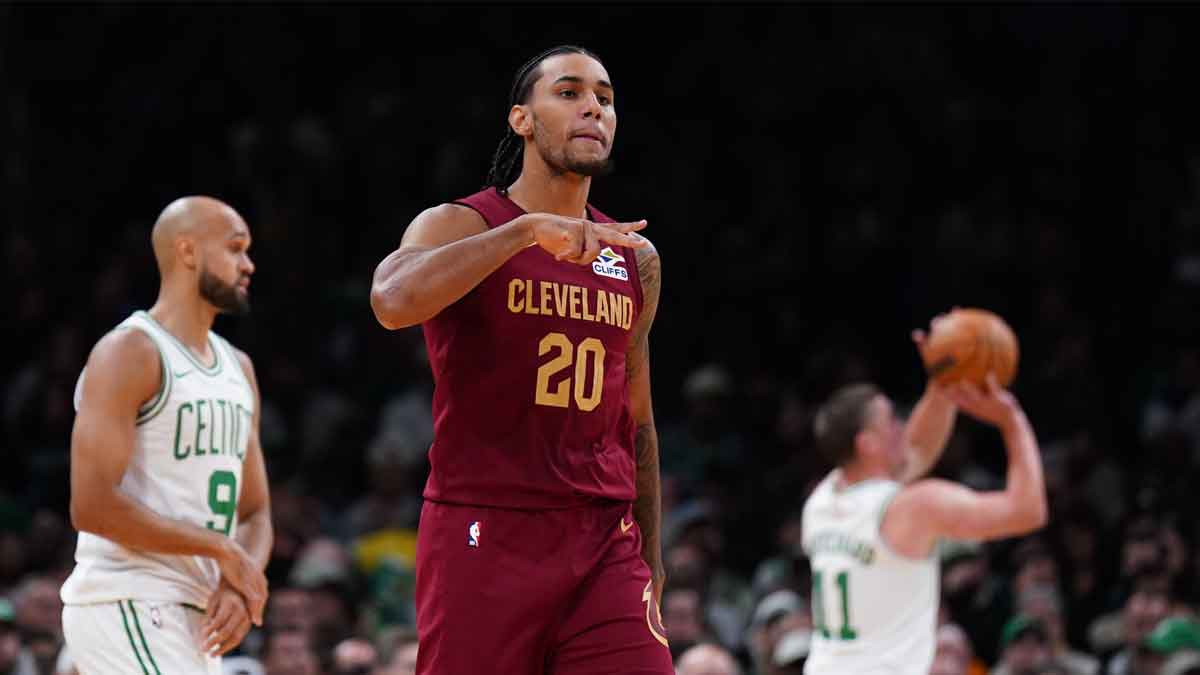 Cleveland Cavaliers guard/forward Jaylon Tyson (20) reacts after his basket against the Boston Celtics in the second quarter at TD Garden.