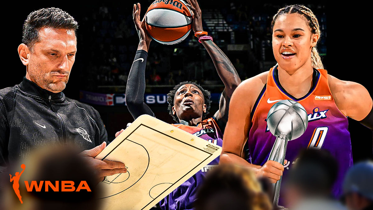 Satou Sabally lifting the WNBA Finals MVP trophy while wearing a Phoenix Mercury jersey. There's also a photo of Natasha Mack grabbing a rebound. Finally, Mercury head coach Nate Tibbetts is smiling while drawing up a play.