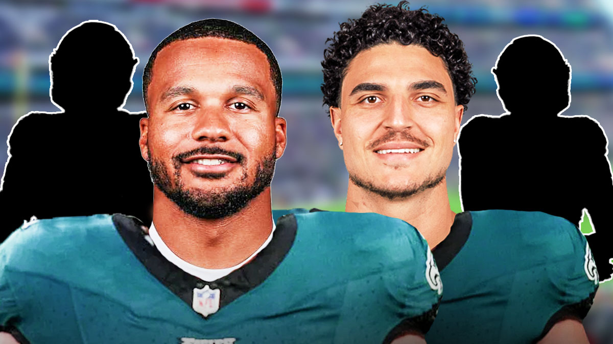 Michael Carter II, Jaelan Phillips, and two blacked out silhouettes in front of the Eagles stadium.