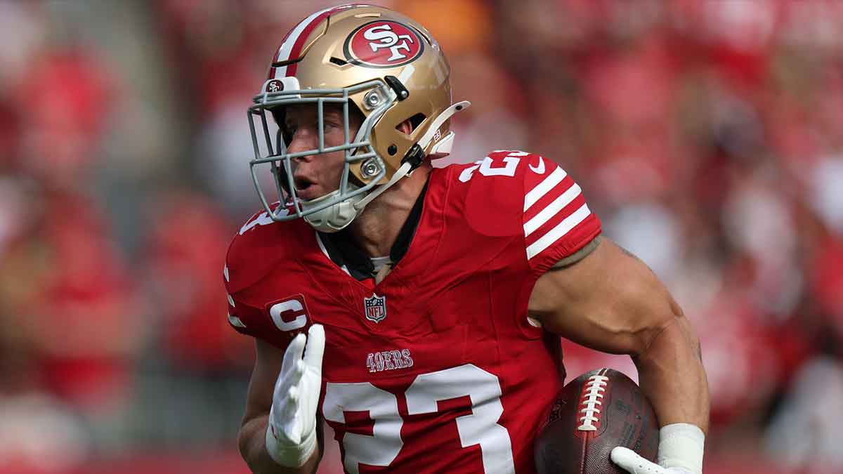 San Francisco 49ers running back Christian McCaffrey (23) runs for a gain during the first quarter against the Tampa Bay Buccaneers at Raymond James Stadium.