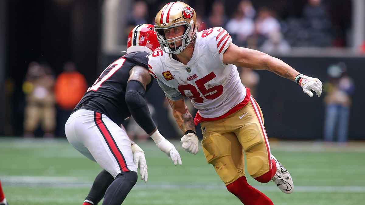 San Francisco 49ers tight end George Kittle (85) runs a route against the Atlanta Falcons in the second half at Mercedes-Benz Stadium