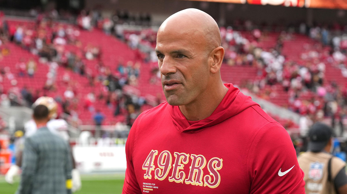 San Francisco 49ers defensive coordinator Robert Saleh walks off of the field after the game against the Jacksonville Jaguars at Levi's Stadium