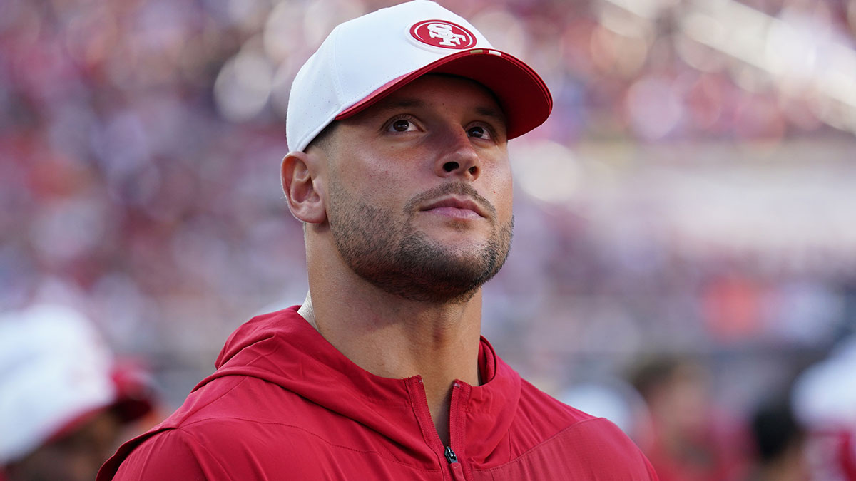 San Francisco 49ers defensive lineman Nick Bosa (97) watches from the sidelines in the first quarter against the Denver Broncos at Levi's Stadium.