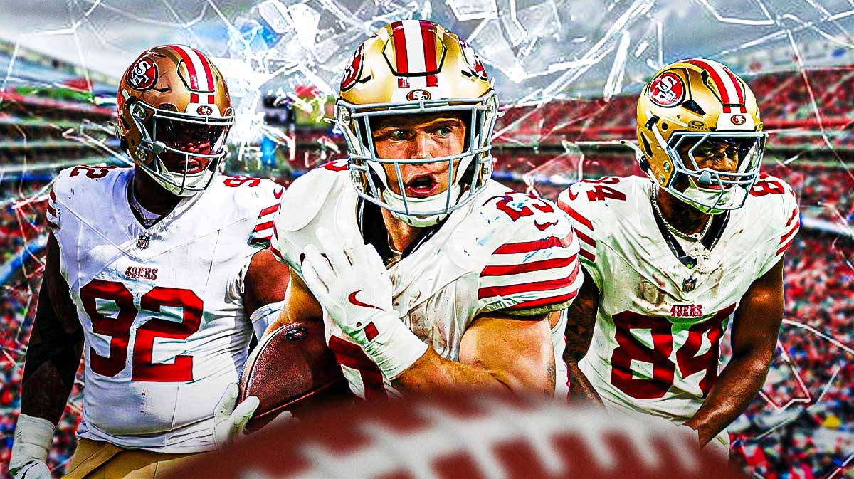 Christian McCaffrey, Jordan Elliott, Kendrick Bourne all beside each other, broken glass in the background