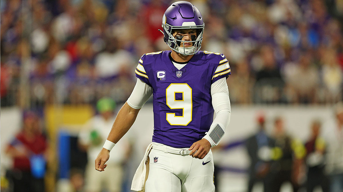 Minnesota Vikings quarterback J.J. McCarthy (9) reacts after a play during the first half against the Atlanta Falcons at U.S. Bank Stadium.