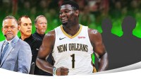 Michael Malone, Frank Vogel, Mike Budenholzer looking at New Orleans Pelicans star Zion Williamson