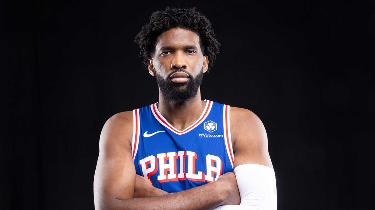 76ers Joel Embiid poses for a photo during media day