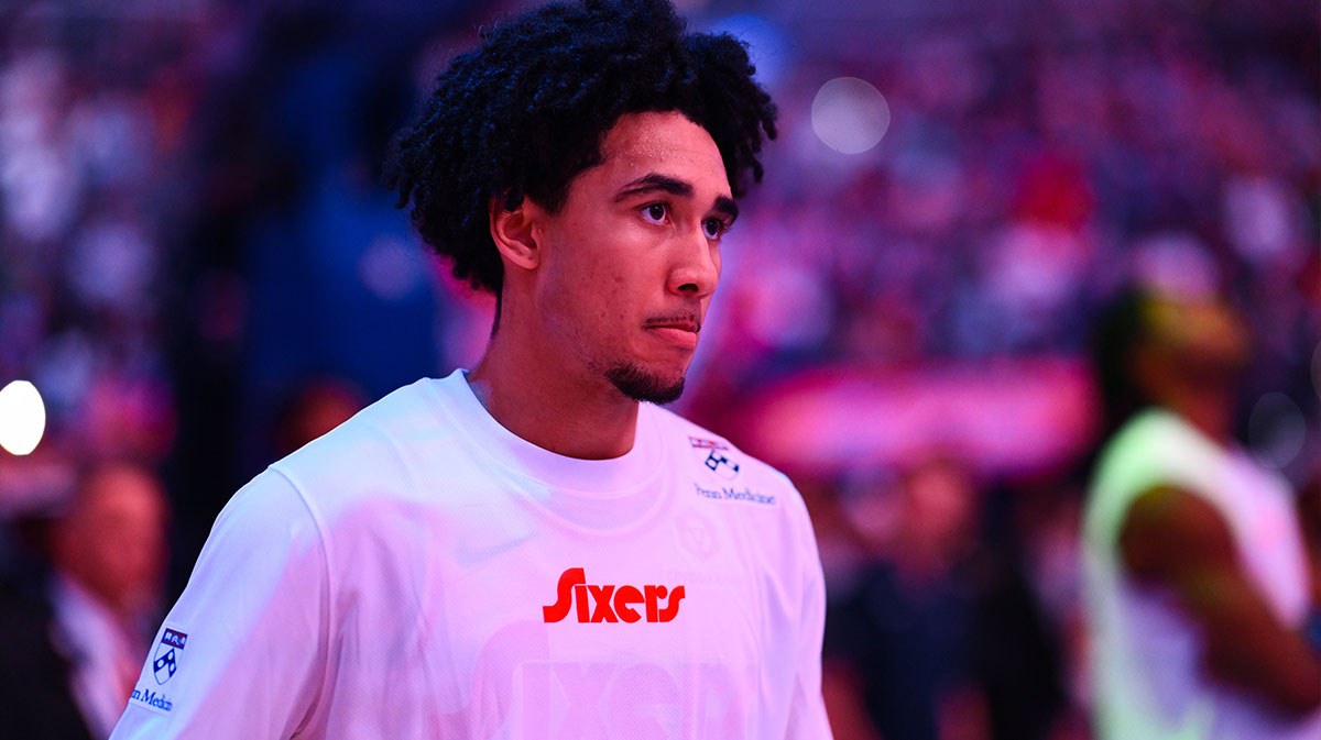 Philadelphia 76ers guard Jared McCain (20) looks on before the game against the Los Angeles Clippers at Wells Fargo Center.