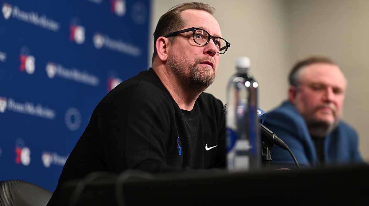76ers head coach Nick Nurse addresses the media with president of basketball operations Daryl Morey after the game against the Chicago Bulls at Wells Fargo Center