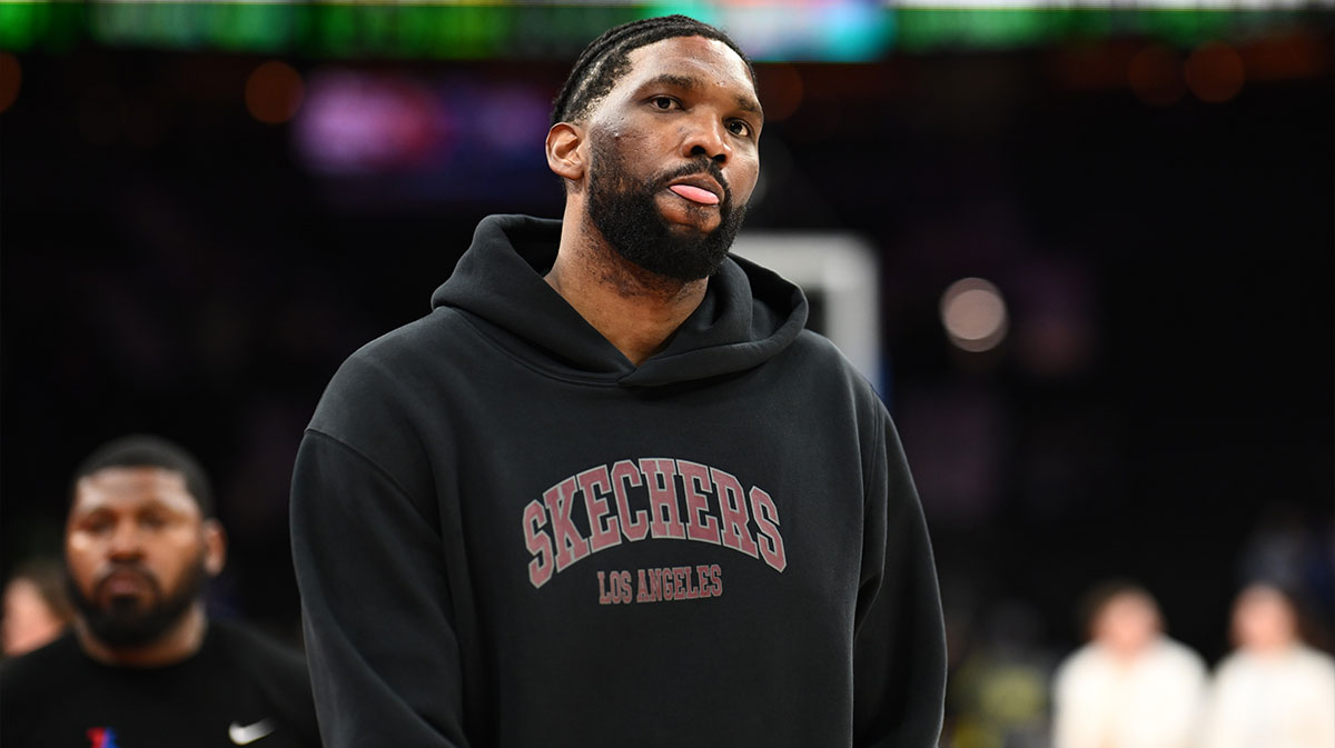 76ers center Joel Embiid looks on after the game against the Milwaukee Bucks at Wells Fargo Center