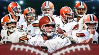 Tim Couch, Dillon Gabriel, Joe Flacco, Johnny Manziel, Baker Mayfield, Brandon Weeden, Derek Anderson, Colt McCoy all together in Browns gear.