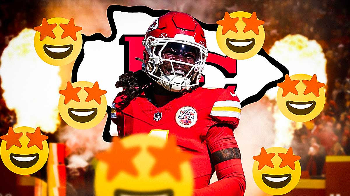 Rashee Rice in the midde - 🤩 emojis around him - Kansas City Chiefs logo in the background