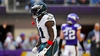 Philadelphia Eagles wide receiver A.J. Brown (11) celebrates a touchdown during the second half against the Minnesota Vikings at U.S. Bank Stadium.
