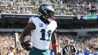 Philadelphia Eagles wide receiver AJ. Brown (11) reacts after a touchdown against the Los Angeles Rams during the second half at Lincoln Financial Field.