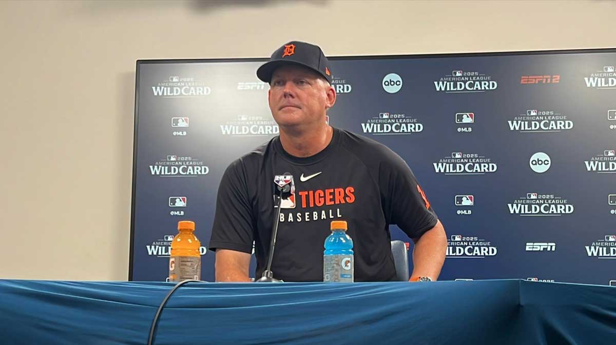 Detroit Tigers manager A.J. Hinch talks to reporters Sept. 29, 2025, before Game 1 of the AL wild-card series in the MLB postseason against the Cleveland Guardians at Progressive Field in Cleveland, Ohio.
