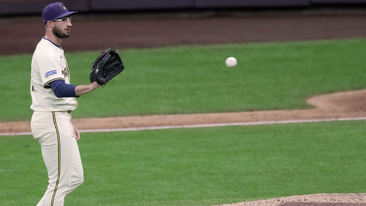Milwaukee Brewers pitcher Aaron Ashby (26) is shown after striking out a batter during the seventh inning of their game against the Arizona Diamondbacks.