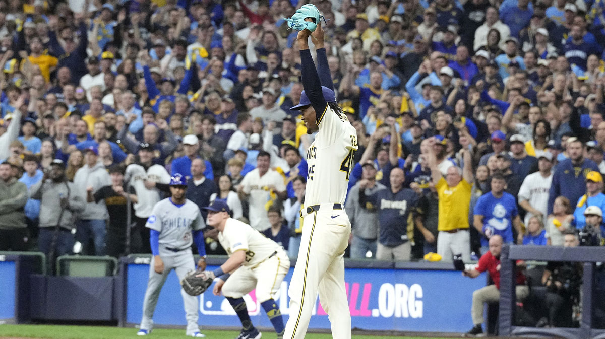 Milwaukee Brewers pitcher Abner Uribe (45) celebrates after defeating the Chicago Cubs during game five of the NLDS round for the 2025 MLB playoffs at American Family Field. 