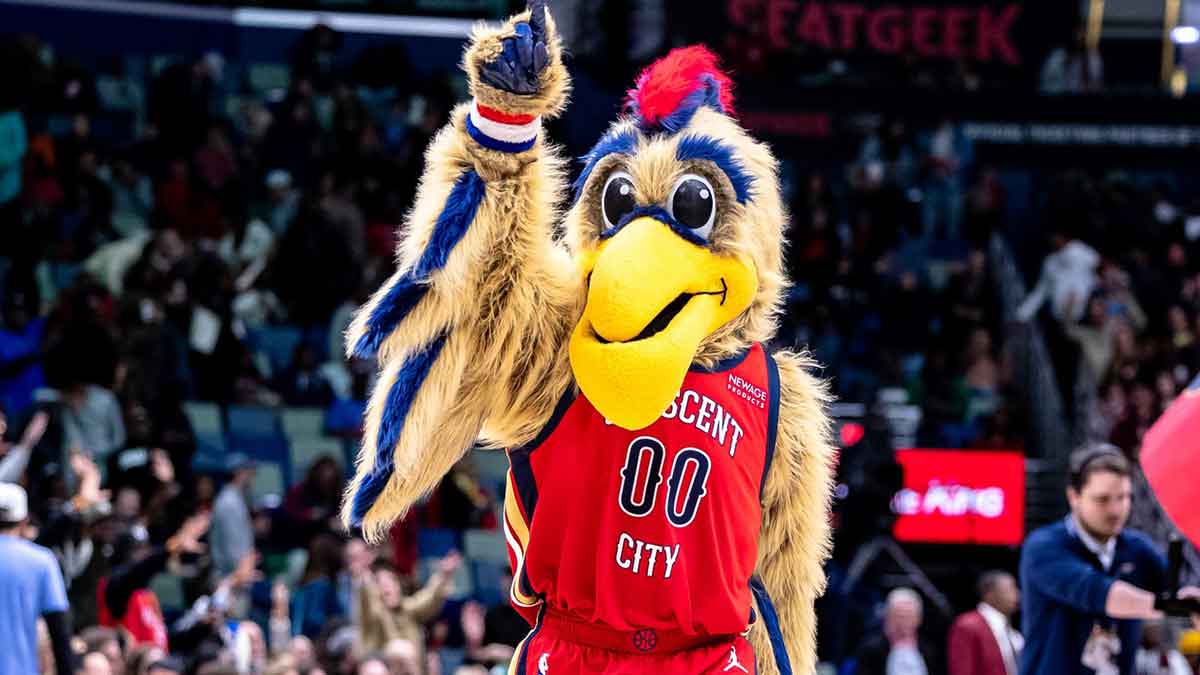 New Orleans Pelicans mascot Pierre T. Pelican performs during a time out in the second half against the New York Knicks at Smoothie King Center.