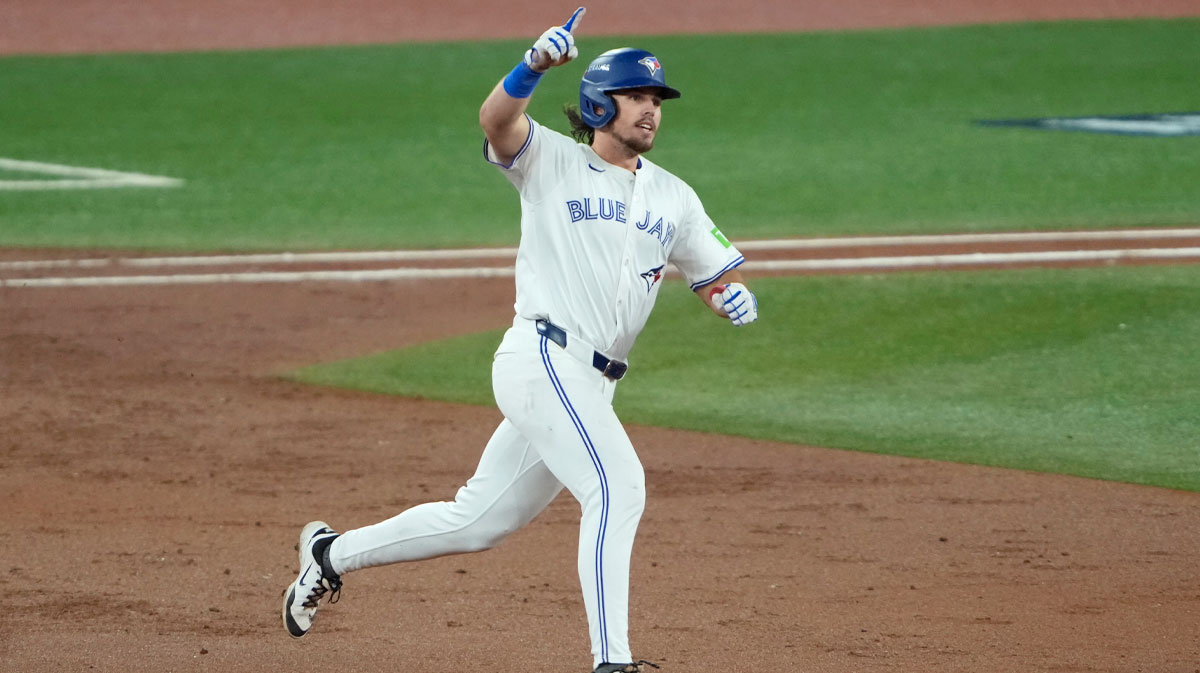 Toronto Blue Jays third baseman Addison Barger (47) runs after hitting a two run home run against the Seattle Mariners in the third inning during game six of the ALCS round for the 2025 MLB playoffs at Rogers Centre.