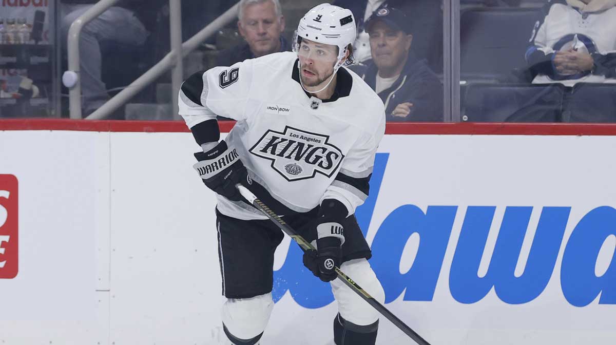 Los Angeles Kings right wing Adrian Kempe (9) looks up the ice during a game against the Winnipeg Jets in the first period at Canada Life Centre.
