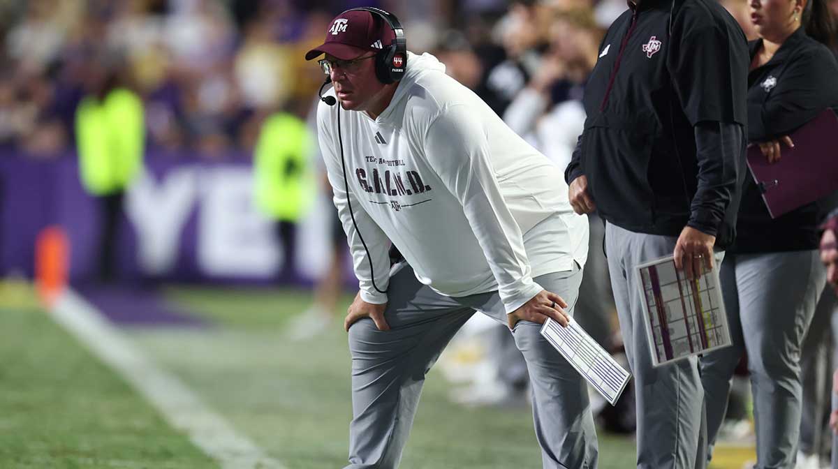 Texas A&M Aggies head coach Mike Elko during the first half against the Louisiana State Tigers at Tiger Stadium.