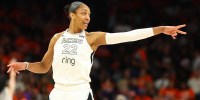 Las Vegas Aces center A'ja Wilson (22) reacts against the Phoenix Mercury in the first half during game three of the 2025 WNBA Finals at PHX Arena.