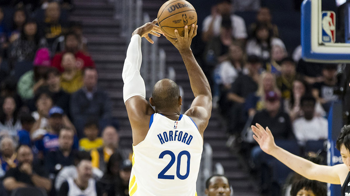 Golden State Warriors center/forward Al Horford (20) takes a three-point shot against the Portland Trail Blazers during the second quarter at Chase Center. Mandatory Credit: John Hefti-Imagn Images