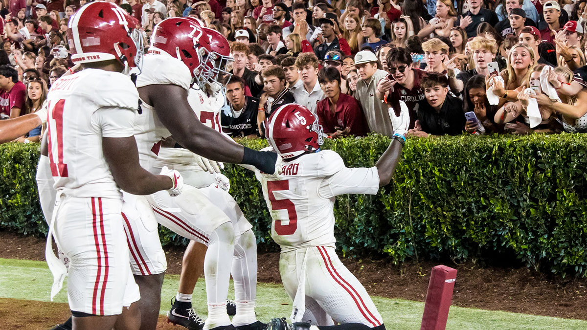 Alabama Crimson Tide wide receiver Germie Bernard (5) celebrates after scoring the game-winning touchdown against the South Carolina Gamecocks in the fourth quarter at Williams-Brice Stadium.