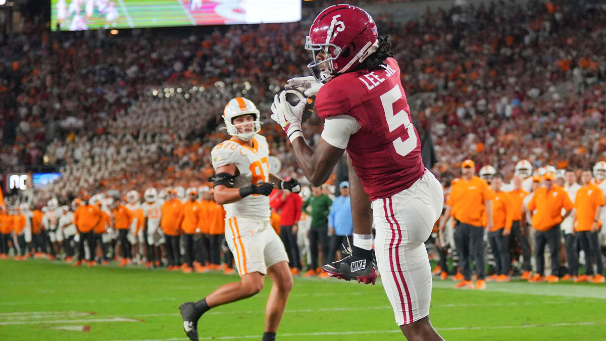 Alabama defensive back Dijon Lee Jr. (5) intercepts a Tennessee pass on a 2-point conversion during a college football game at Bryant-Denny Stadium in Tuscaloosa, Ala., on Oct. 18, 2025.