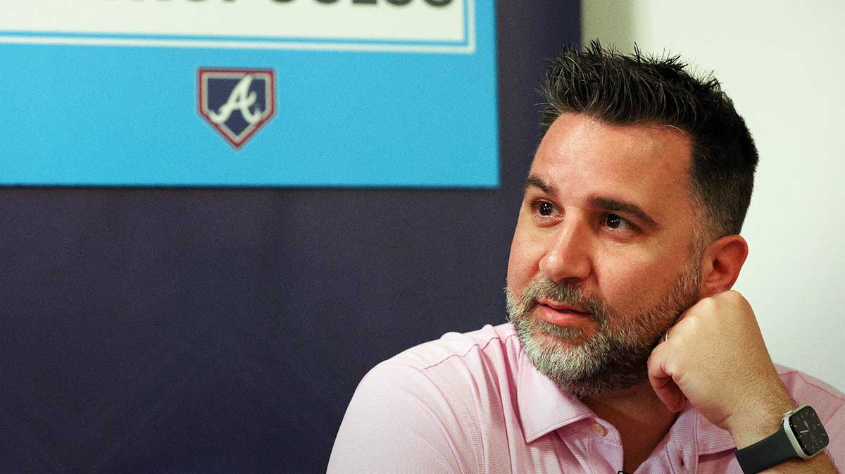 Atlanta Braves general manager and president of baseball operations Alex Anthopoulos talks with media at George M. Steinbrenner Field.