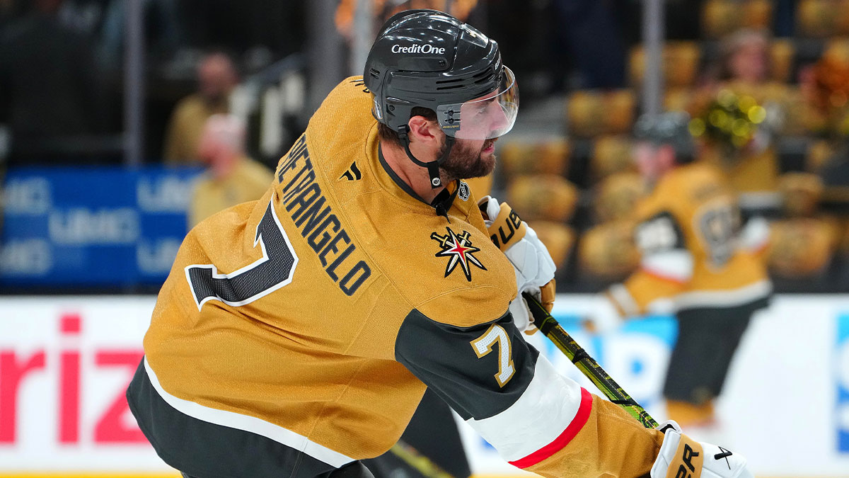 Vegas Golden Knights defenseman Alex Pietrangelo (7) warms up before game two of the second round of the 2025 Stanley Cup Playoffs against the Edmonton Oilers at T-Mobile Arena.