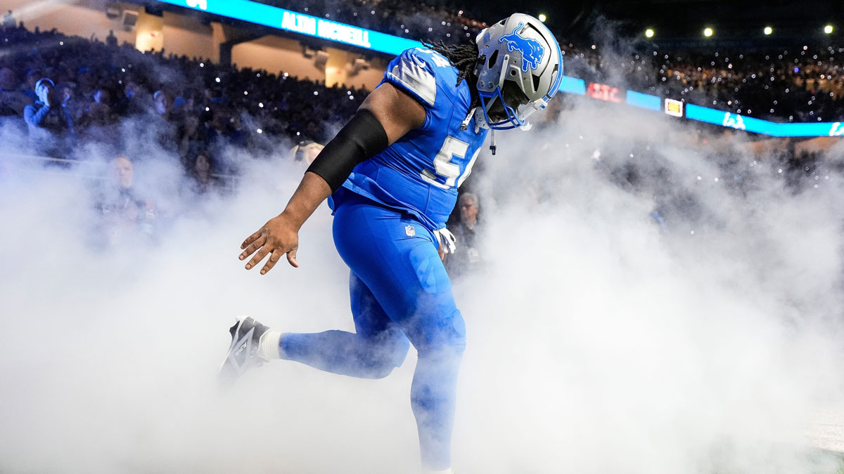 Detroit Lions defensive tackle Alim McNeill (54) takes the field before kickoff against Green Bay Packers at Ford Field in Detroit on Thursday, Dec. 5, 2024.