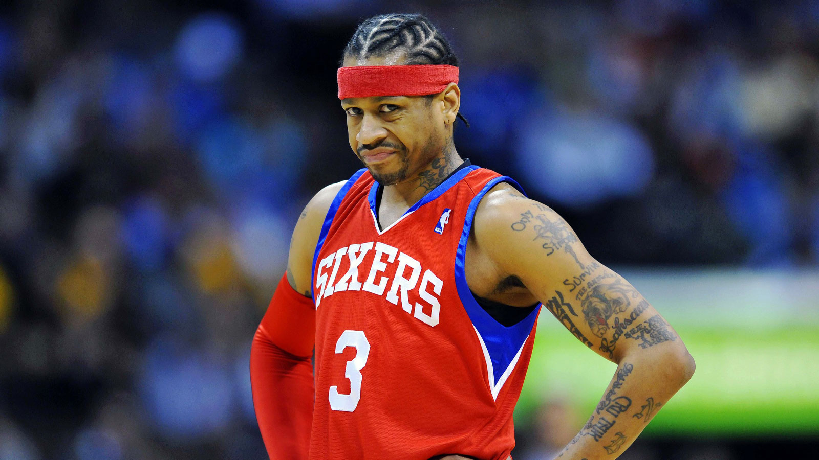 Philadelphia 76ers guard Allen Iverson (3) reacts to a technical foul called early in the first period against the Denver Nuggets at the Pepsi Center.