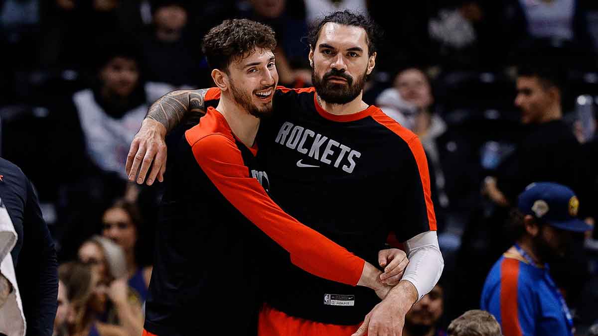 Houston Rockets center Alperen Sengun (28) and center Steven Adams (12) look on in the fourth quarter against the Denver Nuggets at Ball Arena.
