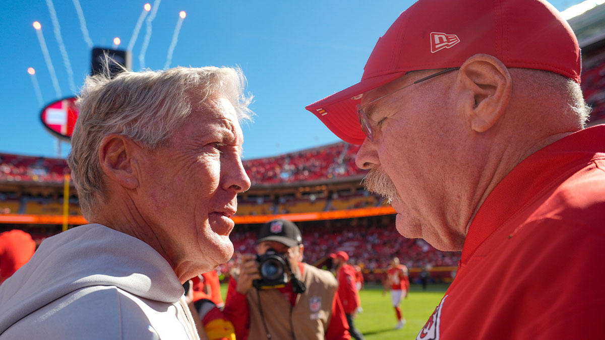 Las Vegas Raiders head coach Pete Carroll and Kansas City Chiefs head coach Andy Reid shake hands after the game at GEHA Field at Arrowhead Stadium.