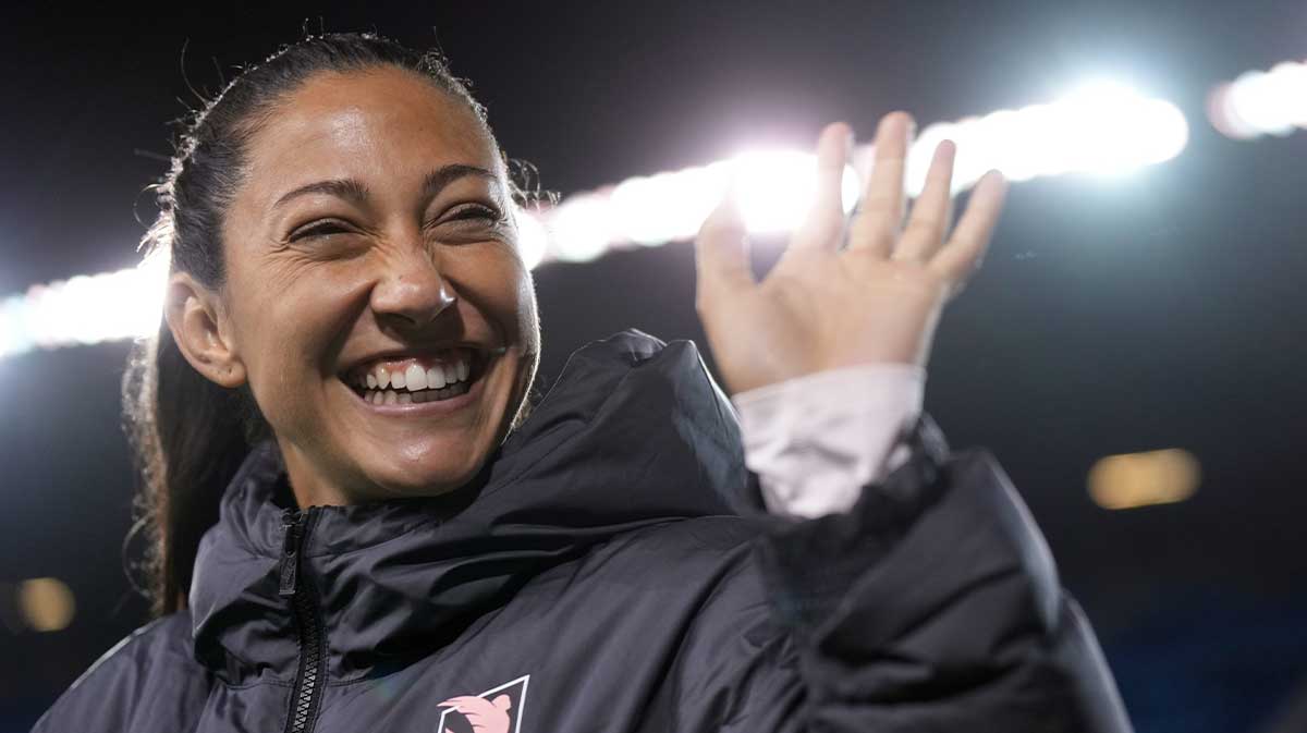 May 17, 2025; San Jose, California, USA; Angel City FC forward Christen Press (23) waves to fans after the game against Bay FC at PayPal Park. Mandatory Credit: Darren Yamashita-Imagn Images