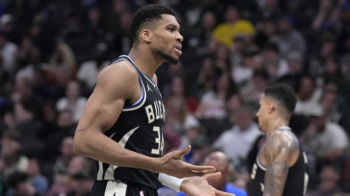 Milwaukee Bucks forward Giannis Antetokounmpo (34) complains about a call to the referee in the second half against the New York Knicks at Fiserv Forum.