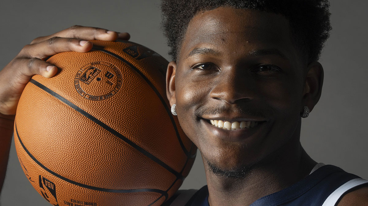 Minnesota Timberwolves guard Anthony Edwards (5) poses for a photograph as part of media day at Target Center.