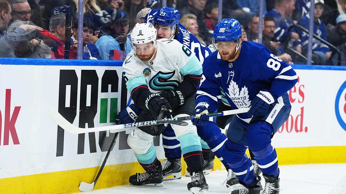 Toronto Maple Leafs right wing William Nylander (88) skates after the puck against Seattle Kraken defenseman Adam Larsson (6) during the third period at Scotiabank Arena.