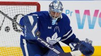 Toronto Maple Leafs goaltender Anthony Stolarz (41) warms up before a game against the New Jersey Devils at Scotiabank Arena