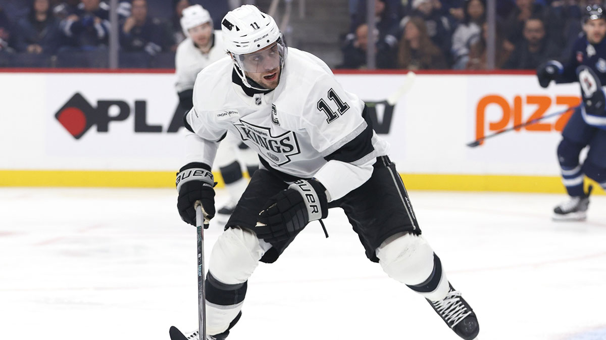 Los Angeles Kings center Anze Kopitar (11) watches the play during a game against the Winnipeg Jets in the first period at Canada Life Centre.