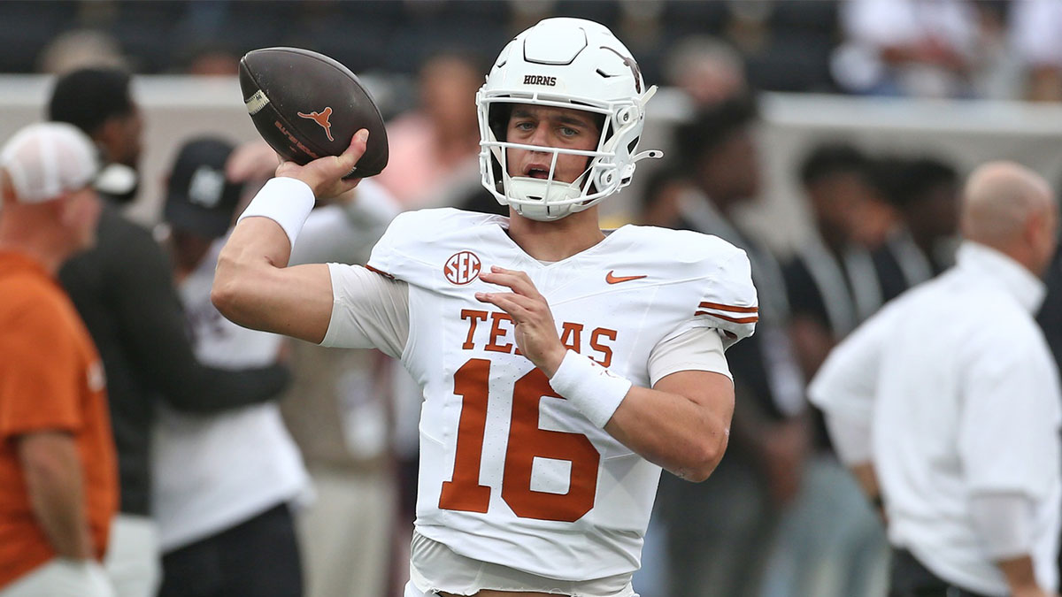 Texas Longhorns quarterback Arch Manning (16) passes the ball during warm ups prior to the game against the Mississippi State Bulldogs at Davis Wade Stadium at Scott Field.