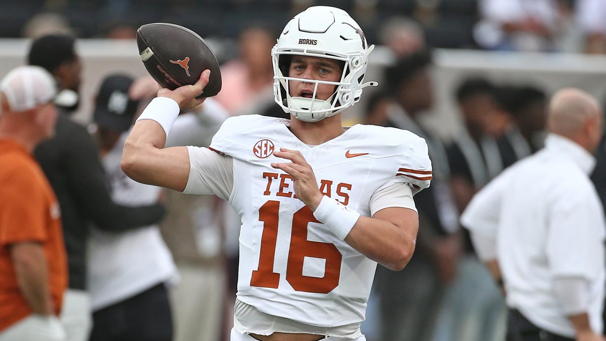 ; Texas Longhorns quarterback Arch Manning (16) passes the ball during warm ups prior to the game against the Mississippi State Bulldogs at Davis Wade Stadium at Scott Field.