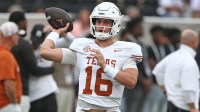 ; Texas Longhorns quarterback Arch Manning (16) passes the ball during warm ups prior to the game against the Mississippi State Bulldogs at Davis Wade Stadium at Scott Field.