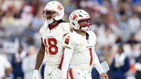 Arizona Cardinals quarterback Kyler Murray (1) with wide receiver Marvin Harrison Jr. (18) against the Seattle Seahawks at State Farm Stadium.