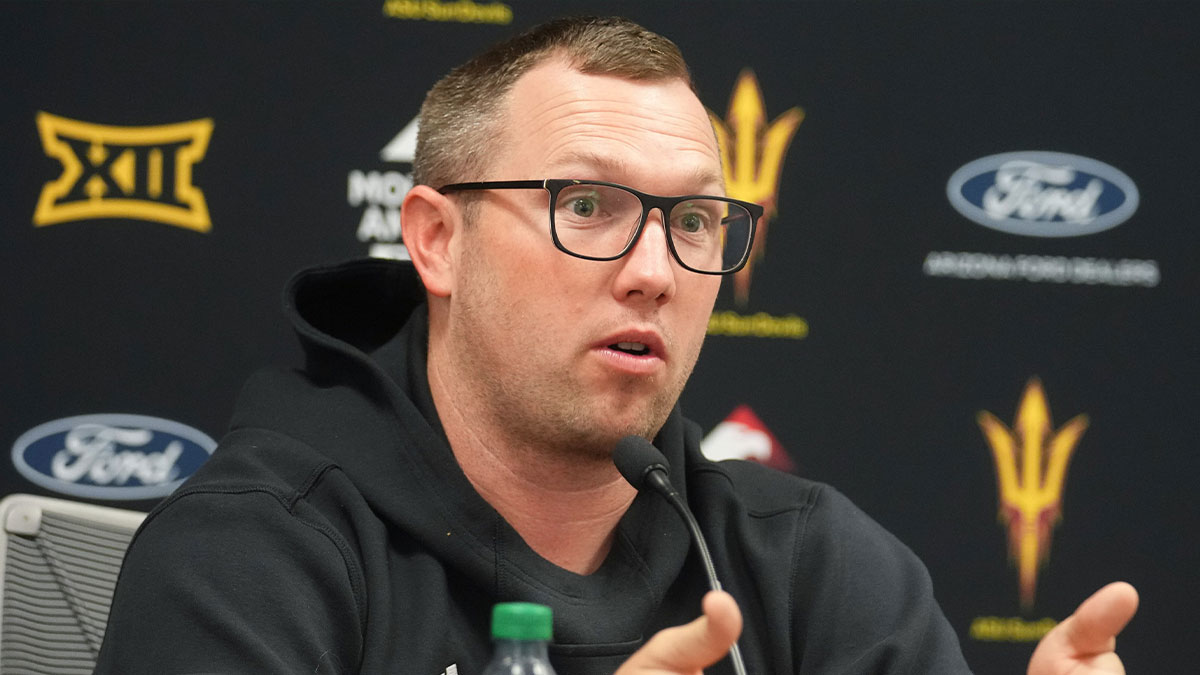 Arizona State head football coach Kenny Dillingham speaks to the media during a news conference at Mountain America Stadium in Tempe on Oct. 20, 2025.