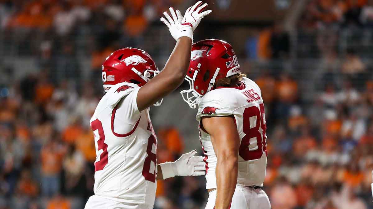 Arkansas Razorbacks tight end Rohan Jones (88) celebrates scoring a touchdown against the Tennessee Volunteers during the second half at Neyland Stadium.