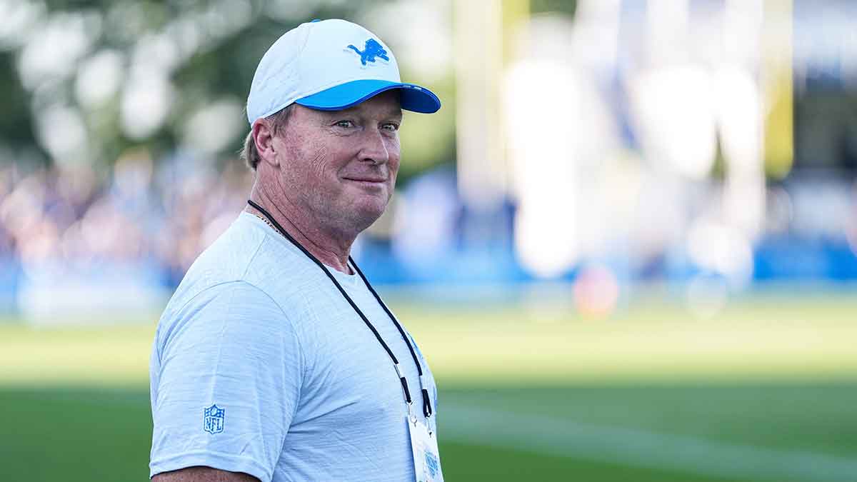 Jon Gruden watches practice during training camp at Meijer Performance Center in Allen Park on Monday, July 28, 2025.