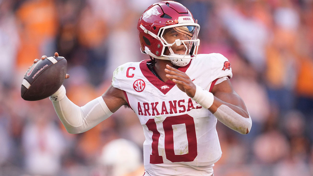Arkansas quarterback Taylen Green (10) pulls back for the throw during an NCAA college football game against Tennessee on Oct. 11, 2025, in Knoxville, Tennessee.