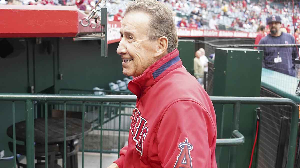 Los Angeles Angels owner Arte Moreno reacts during the game against the Boston Red Sox at Angel Stadium.